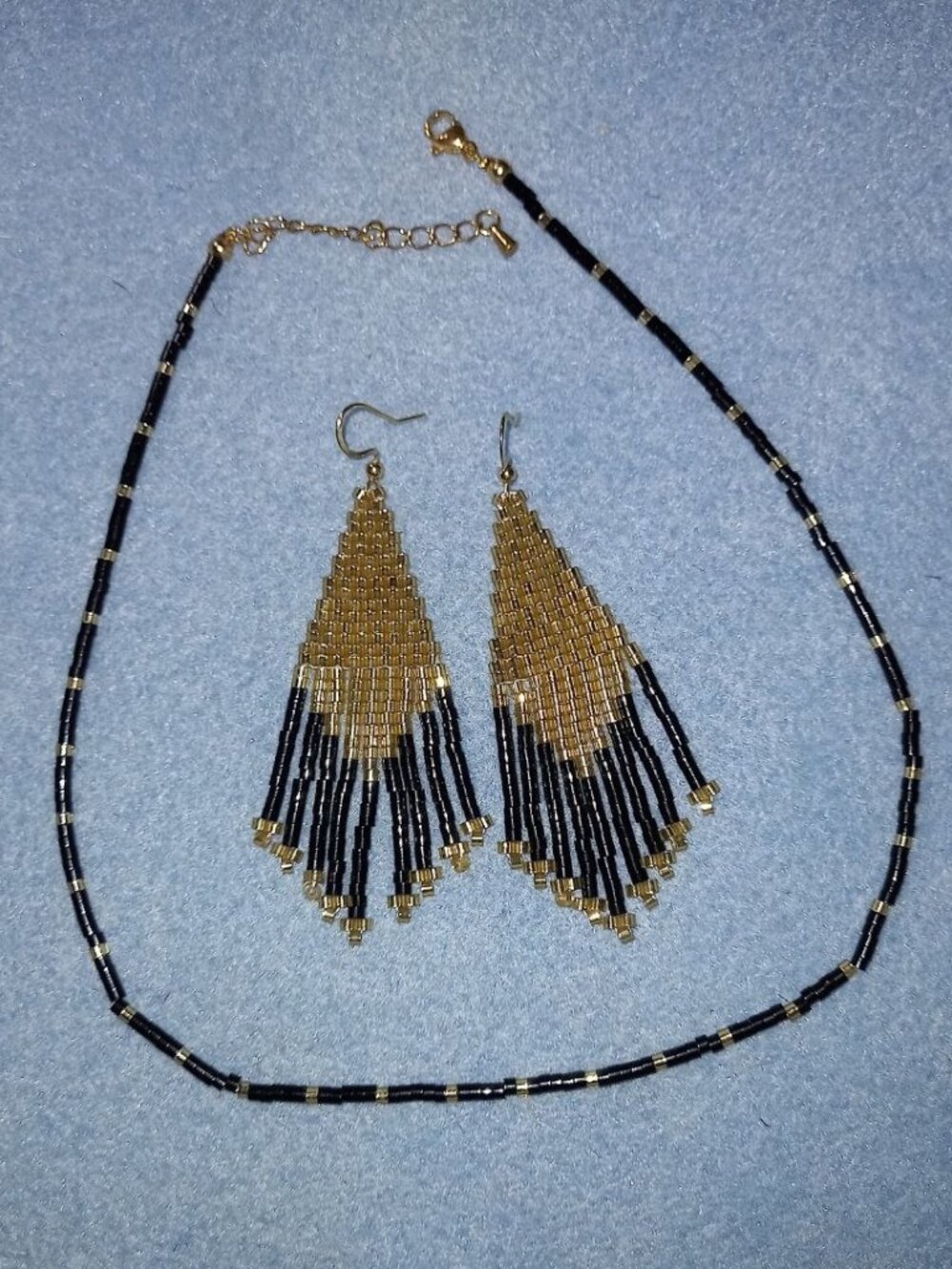 ✨ NWT Handmade Beaded Jewelry Set Gold Black Fringe Earrings Choker ✨